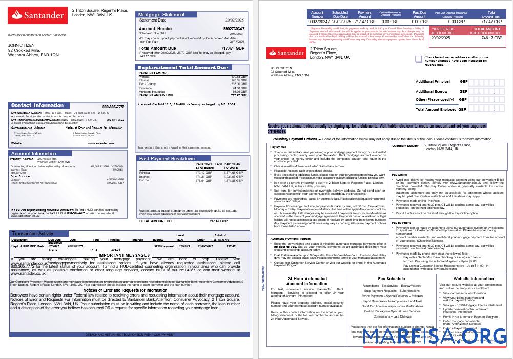 Downloadable United Kingdom Santander bank mortgage statement in Word and PDF formats, 3 pages 1 2 example